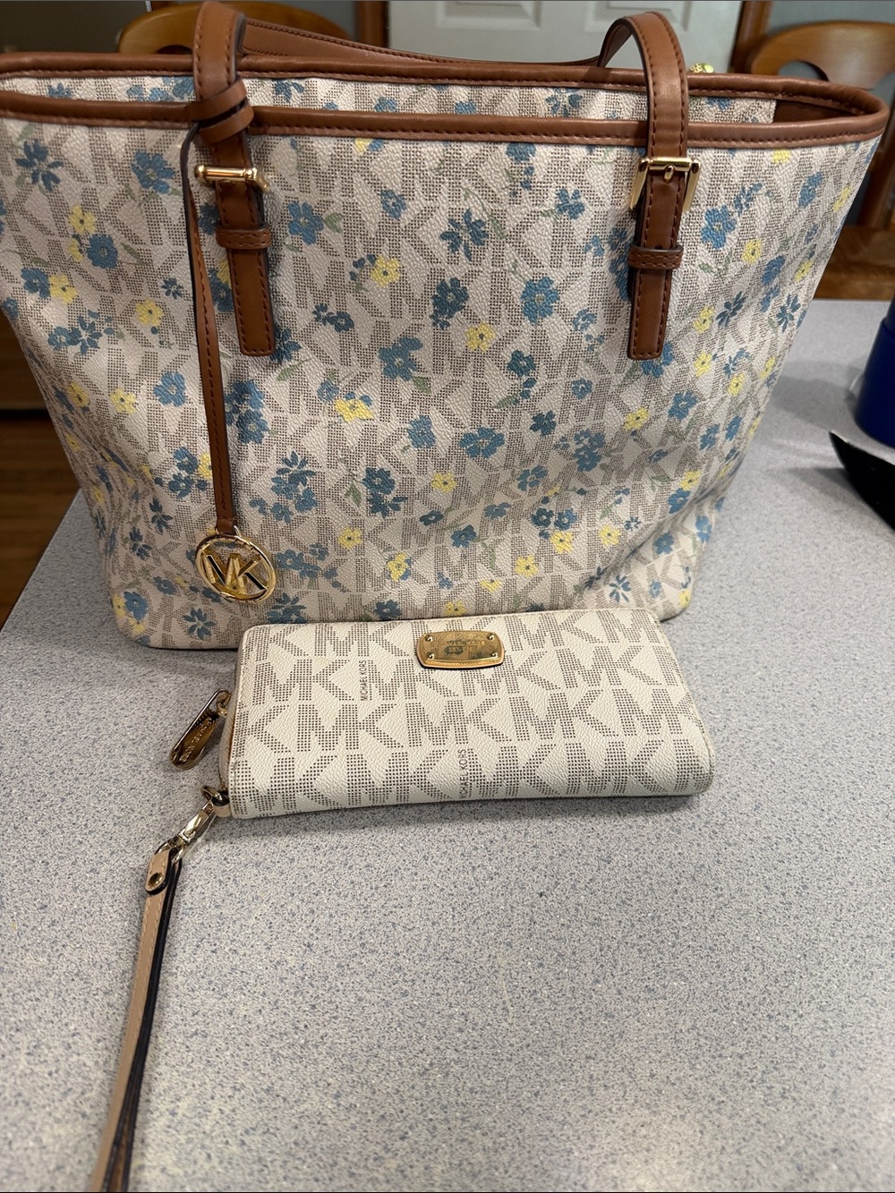 Michael Kors Beige Floral Logo Tote with Brown Trim and Matching Wallet